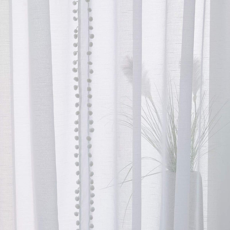 Treatmentex Pompom Sheer White Curtains for Living Room 84" Long Linen Textured Window Curtain Draperies for Bedroom 52" W, 1 Pair - Image 4